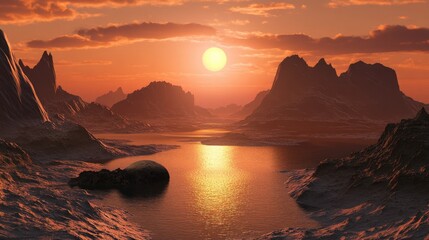 Astronaut discovering potential habitable exoplanets in a stunning alien landscape during sunset with rocky formations and shimmering water