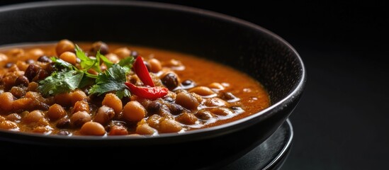 Black eyed peas curry in rich gravy garnished with herbs and chilies on a dark background with ample empty space for text or advertising