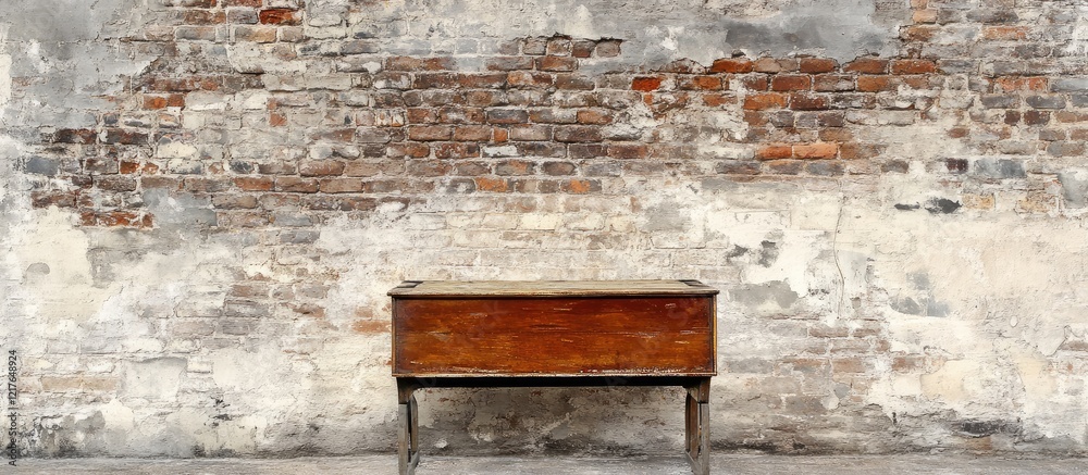 Poster textured brick wall background with wooden desk for creative copy space and design projects