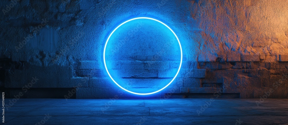Aufkleber Neon blue circle illumination on textured wall backdrop with ample space for text or graphics in a modern and stylish setting