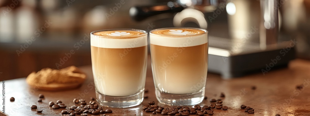 Poster Double shots of fresh brewed espresso with latte art on a wooden table featuring blurred coffee equipment and empty copy space for text.