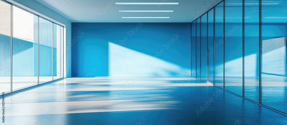 Poster modern bright blue studio interior with glass walls and ample empty space for customizable text or c