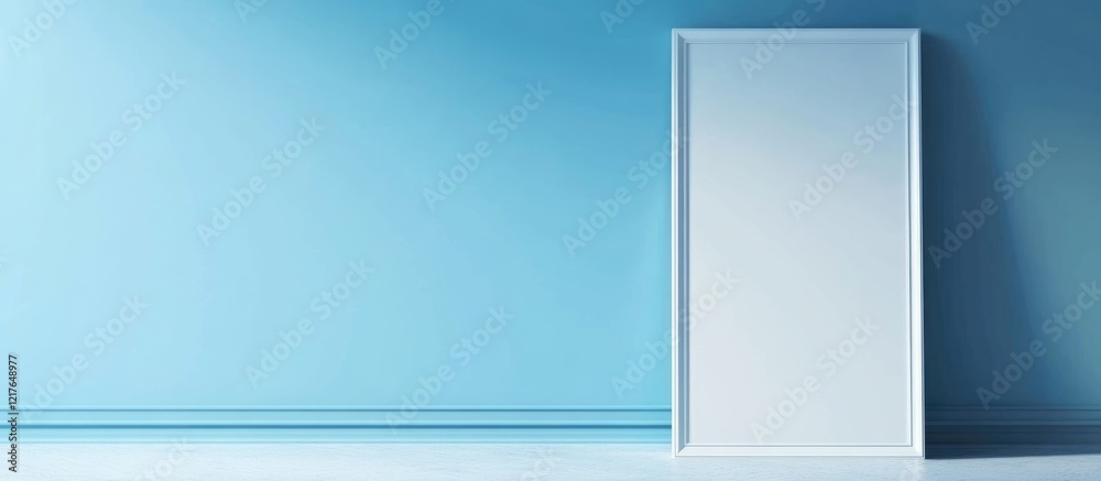 Poster modern empty frame in minimalist living room with blue wall and copyspace for text for creative disp