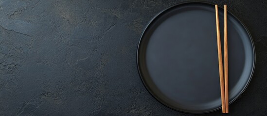 Black porcelain sushi dish with wooden chopsticks on dark background with ample copyspace for culinary text or menu design