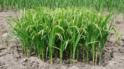 Green rice plants growing in a field with healthy grains emerging and soil visible in the foreground Copy Space