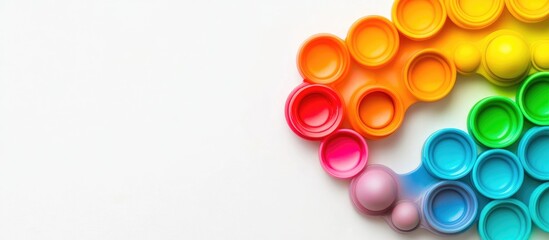 Vibrant fidget pop toys arranged in a rainbow pattern on a light background with ample empty space for creative text placement.