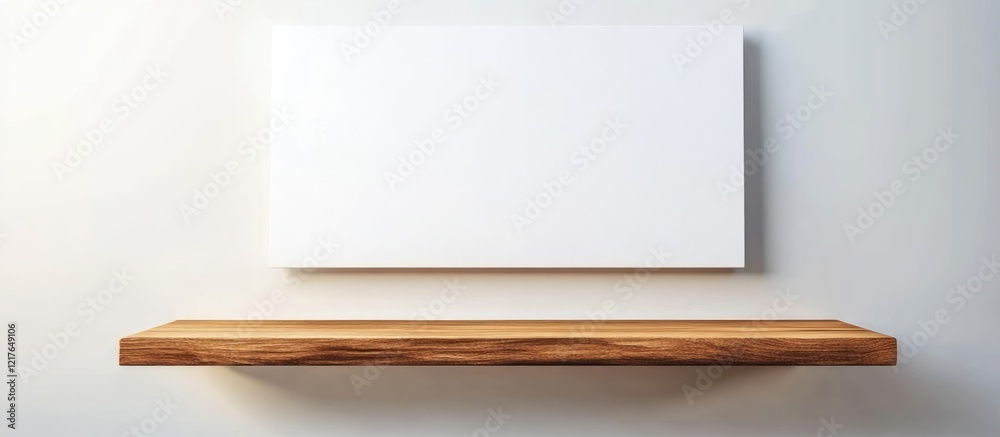 Poster Minimalist Display of Blank Canvas on White Wall Above Wooden Shelf for Custom Text Placement and Creative Design Ideas