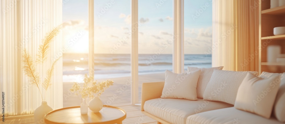 Poster bright and inviting coastal living room with panoramic beach view and soft sunlight creating a seren
