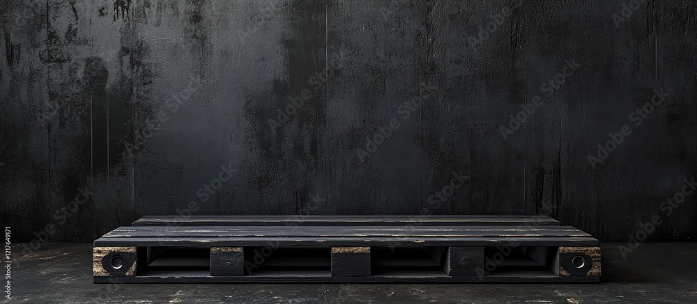 Poster Black wooden pallet with wheels on dark textured background featuring ample empty space for text or product display.