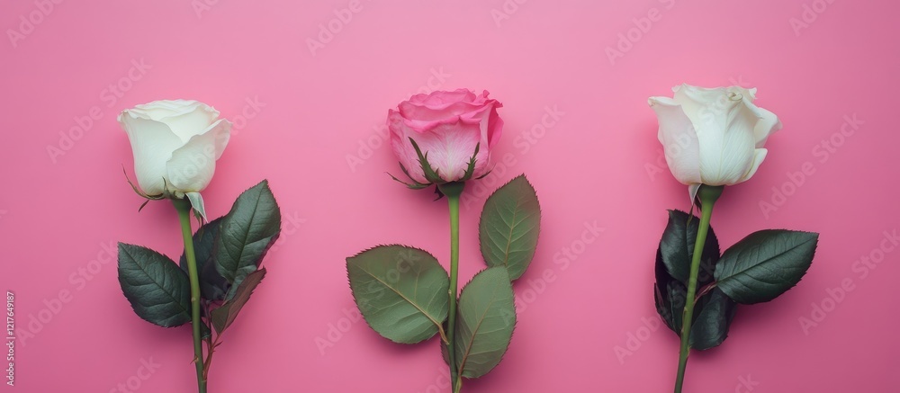 Aufkleber Elegant pink and white roses arranged on a bright pink background with ample empty space for text or design elements
