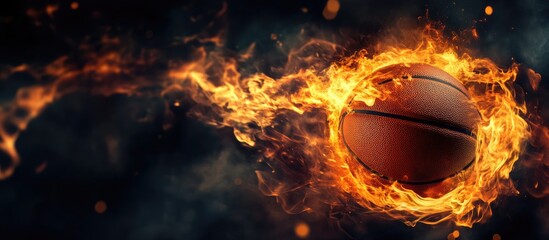 Dynamic basketball engulfed in flames creating dramatic visual impact against a dark background with space for customizable text elements.