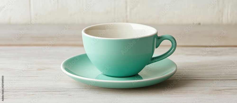Leinwandbilder bright teal coffee cup with saucer on rustic wooden background featuring ample empty space for brand