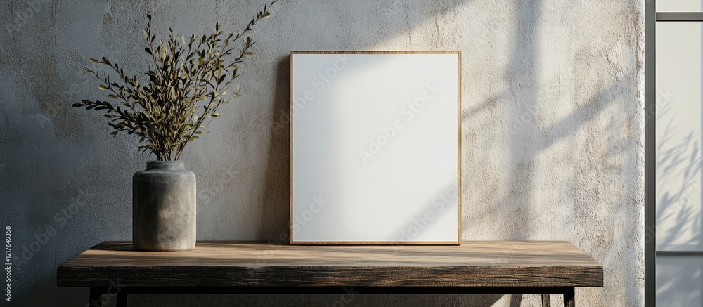 Poster Minimalist Blank Canvas in Wooden Frame on Table with Natural Light and Copyspace for Creative Text or Artwork Display in Contemporary Setting