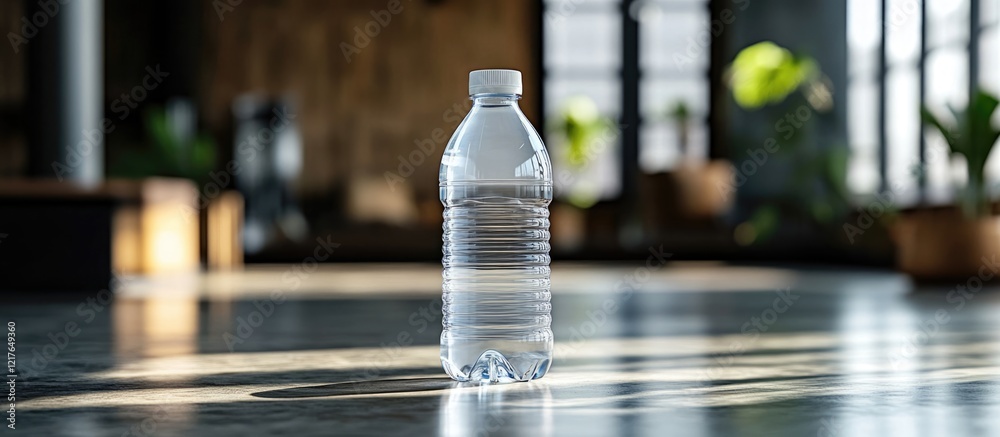 Aufkleber White Plastic Water Bottle Mockup Template with Empty Space for Branding and Design Use in Modern Indoor Setting