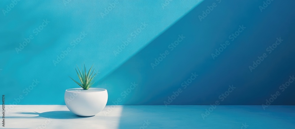 Poster vibrant blue background with soft focus featuring minimalist potted plant and ample space for text o