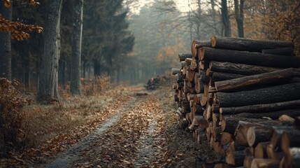 Autumn forest path with stacked logs and fallen leaves in a tranquil setting with copy space for text