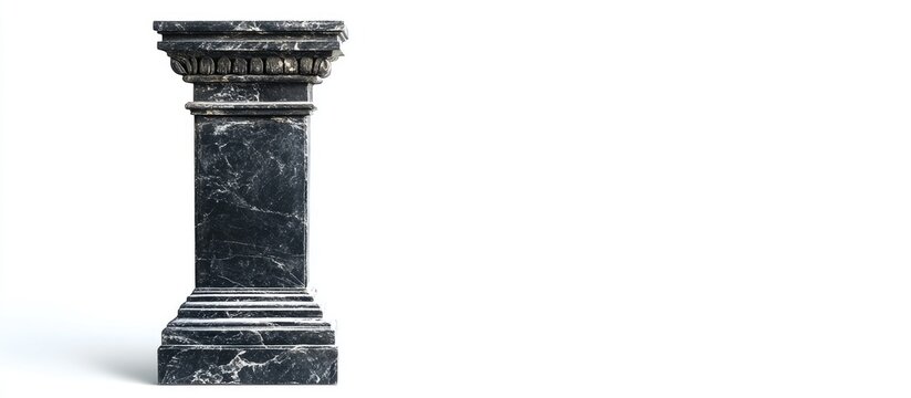 Black stone pedestal column isolated on white background ideal for showcasing art objects or as a display feature with empty space for text