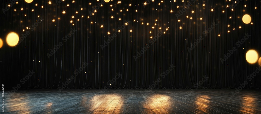 Poster Velvet stage curtain with illuminated lights backdrop and empty copyspace for text in a theater setting for performances or presentations