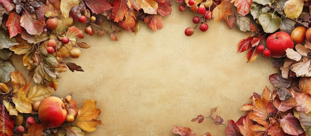 Poster autumn leaves and fruits border on aged textured background with empty space for text copy space