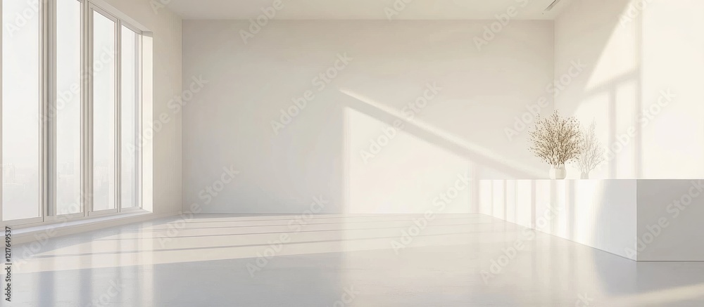 Poster spacious minimalist living room design with large windows and bright white walls offering text space