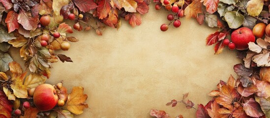 Fototapeta premium Autumn leaves and fruits border on aged textured background with empty space for text Copy Space