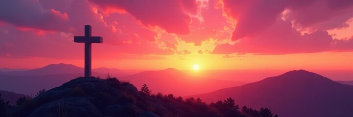 Early morning landscape with cross silhouette against pink and orange sunrise colors, sunrise, landscape, morning light