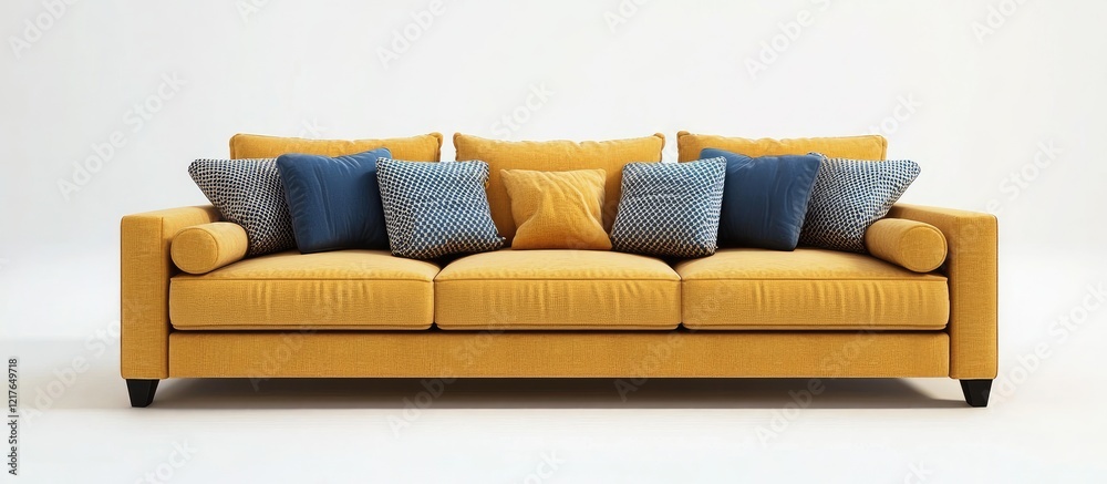 Poster Bright and welcoming living room featuring a spacious yellow couch adorned with colorful pillows and ample empty space for text display