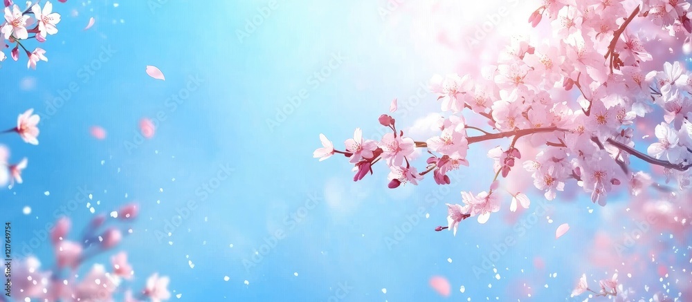 Poster panoramic blue sky background with cherry blossom branches and soft sunlight creating an ideal backd