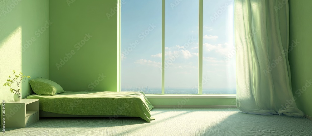 Poster bright modern bedroom featuring a single bed with green bedding and large windows offering ample nat