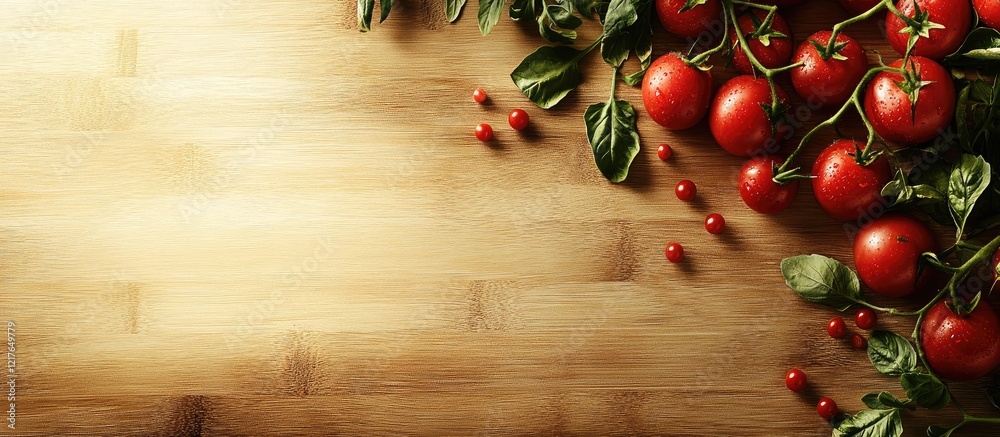 Poster fresh ripe red tomatoes with green leaves arranged on a wooden table providing ample space for text 