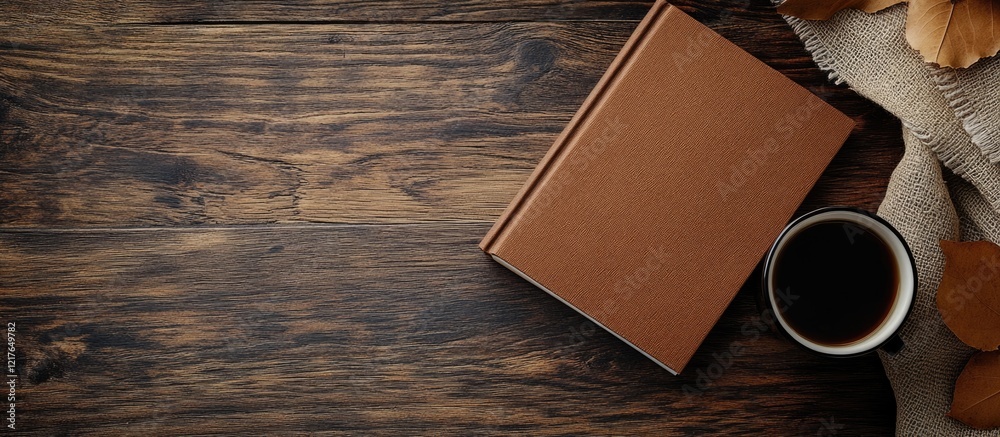 Aufkleber blank book cover mockup on rustic wooden surface with coffee mug and copyspace for custom text and d