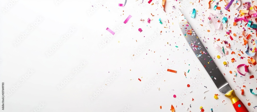 Poster blade and colorful confetti on bright background with copyspace for creative text and celebration th