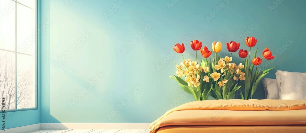Poster bright and cheerful bedroom setting with vibrant tulip bouquet and space for text or branding