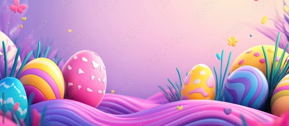 Poster Vibrant and Playful Easter Scene with Decorative Eggs and Colorful Background for Text Placement