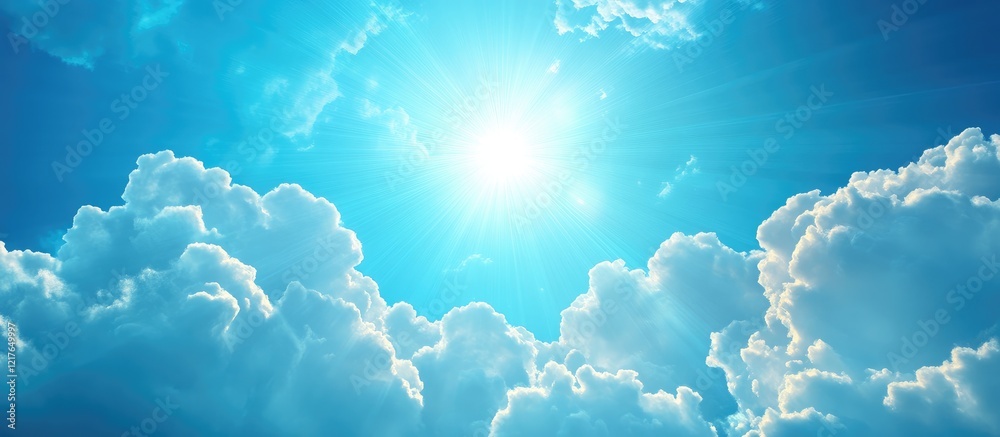Aufkleber Radiant Sky with Fluffy Clouds and Sunlight Rays Ideal for Text Placement and Inspirational Backgrounds