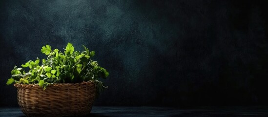 Fresh vegetables and herbs in a rustic basket on a dark background creating ideal copyspace for text or promotional content