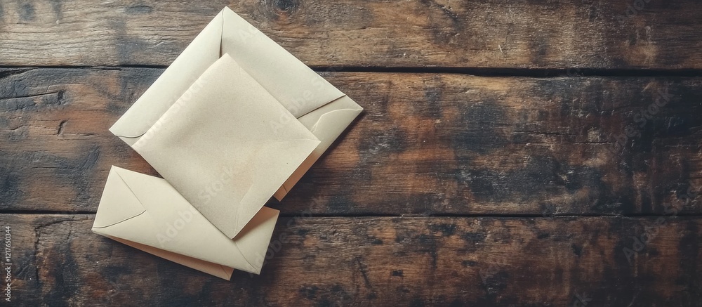 Aufkleber Blank cards and envelopes arranged on rustic wooden surface perfect for text or decorative elements showcasing empty space for customization