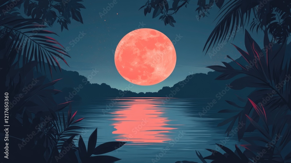 Poster Serene full moon reflection on tranquil water surrounded by lush botanical foliage creating a peaceful night scene with empty text space