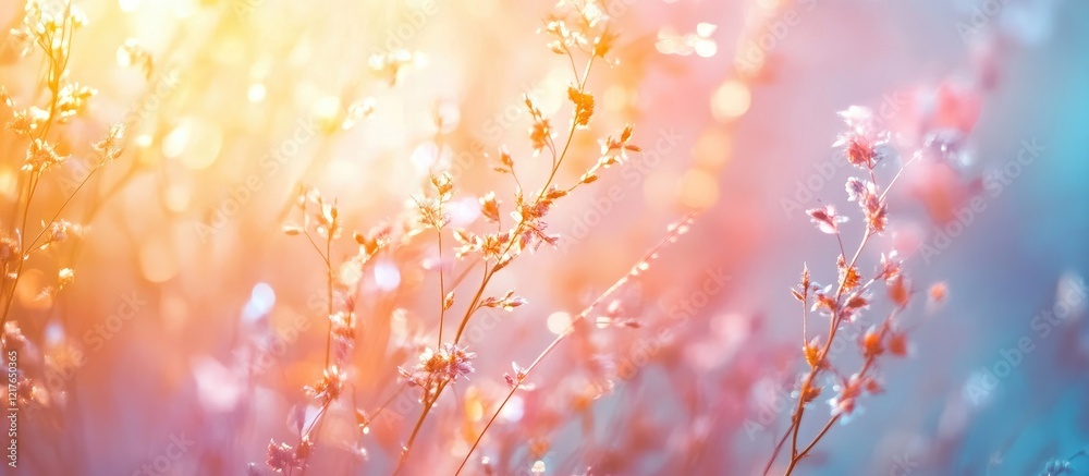 Poster Gentle light illuminating serene nature paths with vibrant flowers and soft focus creating an inviting atmosphere and ample text space