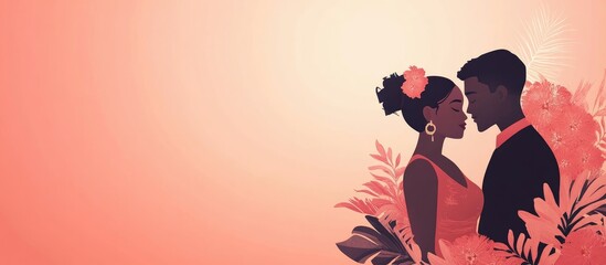 Diverse bridal couple in embrace with artistic floral background and ample copy space for wedding or engagement announcement design