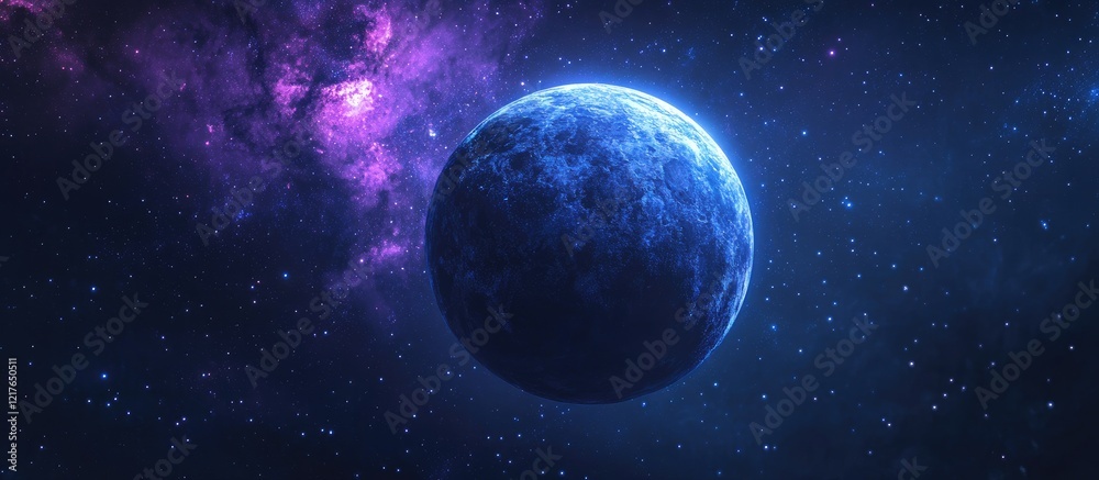 Poster mysterious blue planet amidst a cosmic backdrop of dark night sky and shimmering stars with ample sp