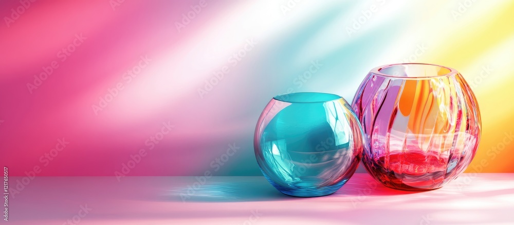 Poster Decorative colorful glass vases on a wooden surface with soft colorful gradient background and space for your text or branding