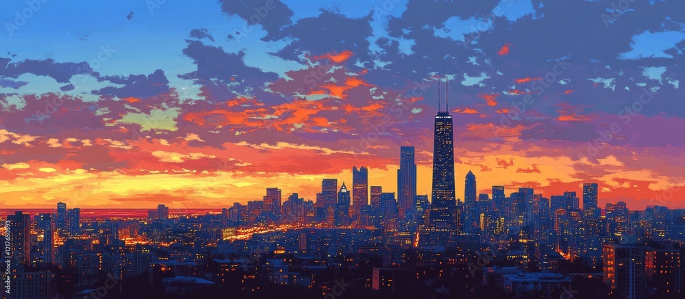 Poster Vibrant city skyline at twilight with a colorful sky ideal for adding your own text or message in the empty copyspace area