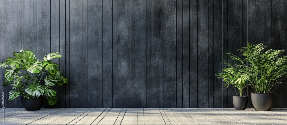 Poster black wooden wall with potted plants and empty space for text in a modern interior setting