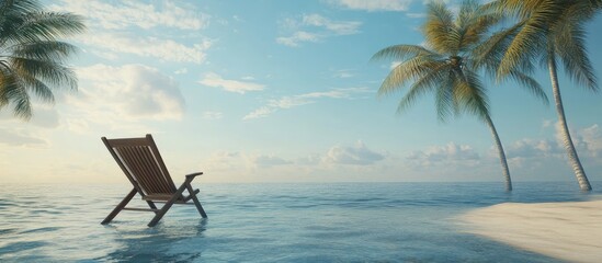 Fototapeta premium Serene beach chair by tranquil sea with palm trees and clear sky offering ample space for text overlay or promotional messaging