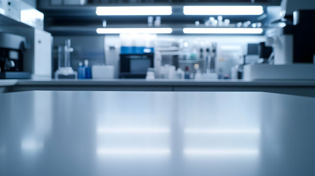 Clean lab table with blurred scientific equipment in the background