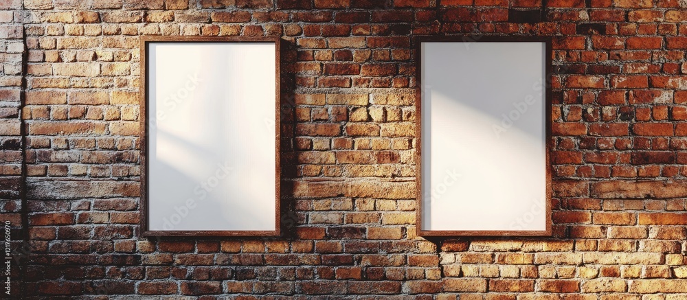Poster vintage brick wall showcasing two blank poster frames ideal for displaying artwork or advertisements
