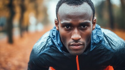 Athlete Focused in Sportswear Ready to Run Marathon in Autumn Park with Colorful Foliage and Rainy Weather