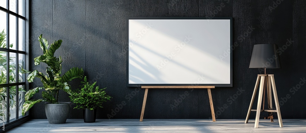 Poster modern minimalist interior with blank canvas on rustic black wall ideal for artwork display and copy