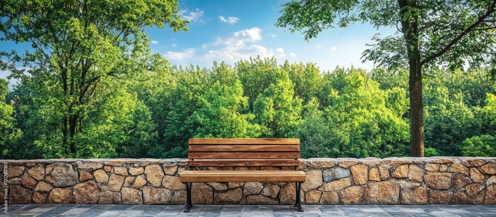 Poster brick stone wall with bench in forest setting under blue sky and tree canopy ideal for relaxation an
